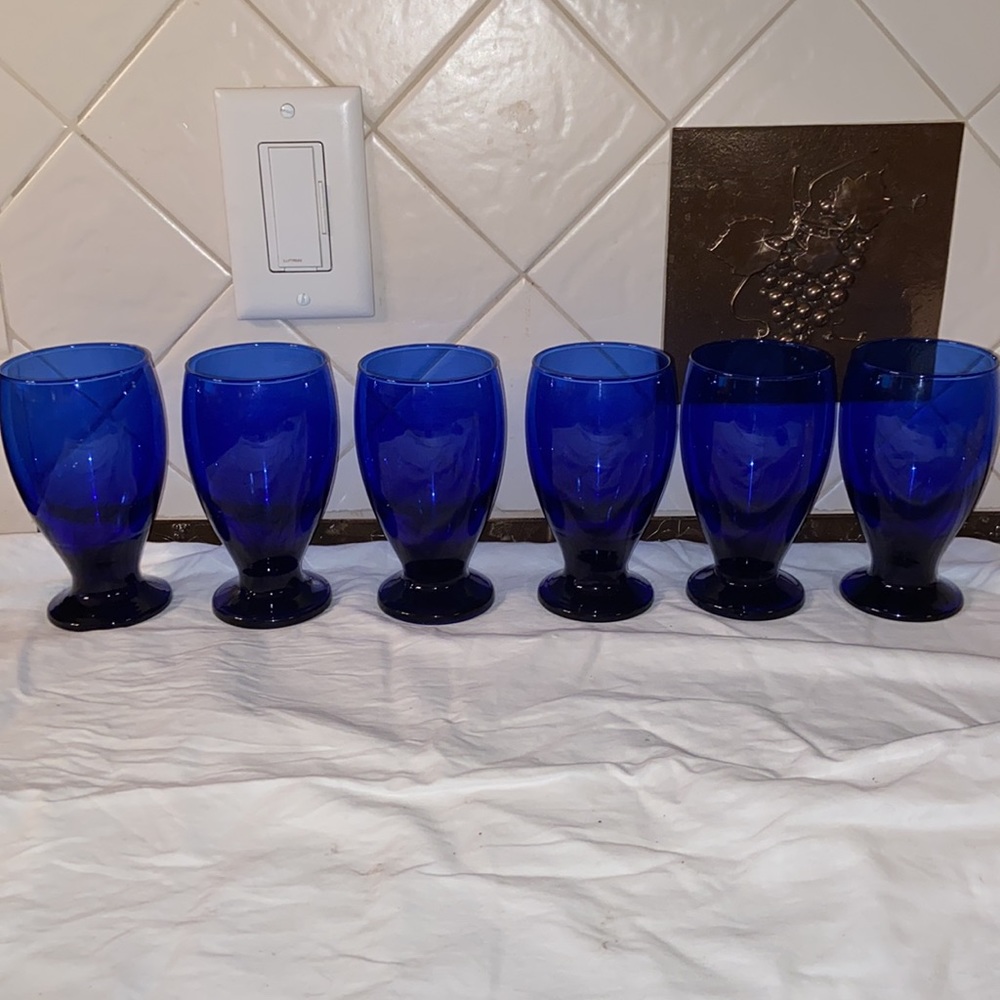 6-Vintage Cristar Lexington Cobalt Blue Pedestal Water Wine Goblets Glass
